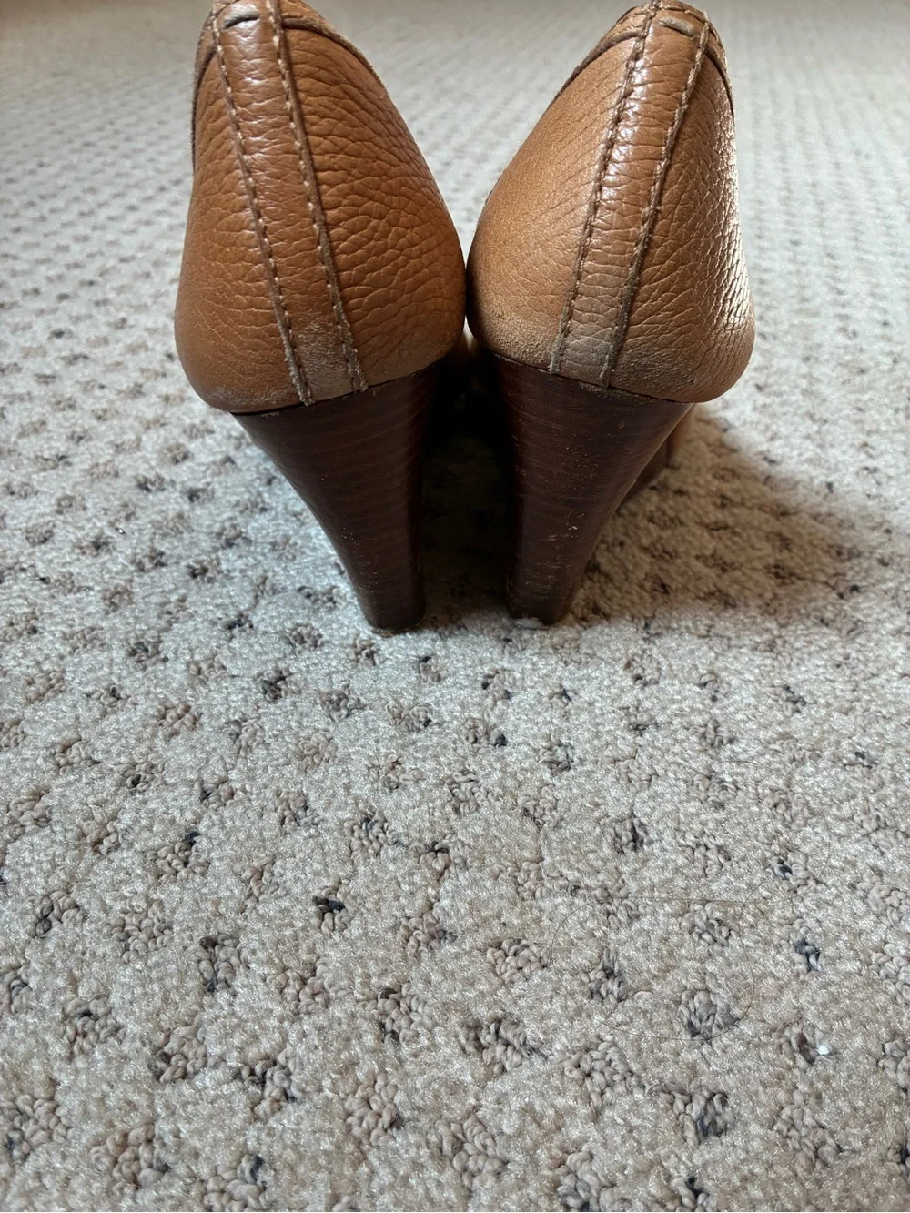 Tory Burch Tan Leather Peep-Toe Wedges with Logo Medallion